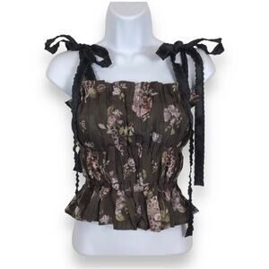 Brock Collection Shirred Ribbon Tie Floral Print Top size S